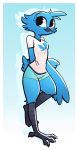  2019 anthro avian beak bird blue_feathers border cheek_tuft clothed clothing feathers female fuel_(artist) hand_behind_back on_one_leg pattern_background shirt shorts simple_background solo standing t-shirt talons tuft tweetfur twitter white_border 