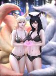  1girl ahri alternate_hair_color animal_ears bangs black_bra black_hair black_panties blonde_hair blue_eyes bow bow_bra bow_panties bra breasts cleavage closed_mouth dual_persona facial_mark fox_ears fox_girl fox_tail gohpot heart heart_hands league_of_legends lips long_hair medium_breasts multiple_tails nail_polish panties parted_lips pink_lips red_bow red_nails signature solo standing swept_bangs tail underwear underwear_only whisker_markings white_bow yellow_eyes 
