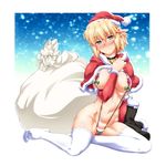  alternate_costume arm_warmers bangs blonde_hair blush breasts capelet commentary_request embarrassed eyebrows_visible_through_hair full-face_blush full_body green_eyes hat highres large_breasts looking_at_viewer mizuhashi_parsee ootsuki_wataru pointy_ears red_hat red_swimsuit sack santa_hat sitting slingshot_swimsuit snow solo swimsuit thighhighs touhou white_legwear yokozuwari 