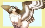  2017 areola avian beak breasts brown_feathers digital_media_(artwork) feathered_wings feathers grey_beak nipples smile uni white_feathers wings yellow_eyes 