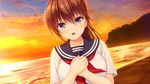  aqua_eyes asami_asami beach blush brown_hair clouds game_cg hibiki_works long_hair natural_vacation ponytail sarashina_yuzuki seifuku sky sunset water 