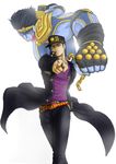  absurdres bekio black_hair blue_eyes chain gakuran hand_in_pocket hat highres jojo_no_kimyou_na_bouken kuujou_joutarou male_focus pointing pointing_at_viewer revision school_uniform shiny stand_(jojo) star_platinum stardust_crusaders 