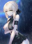  arm_garter artoria_pendragon_(all) artoria_pendragon_(swimsuit_rider_alter) black_dress blonde_hair braid breasts covered_nipples dress ero_waifu eyebrows_visible_through_hair fate/grand_order fate_(series) french_braid medium_breasts nipples rain see-through short_hair solo standing yellow_eyes 