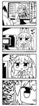  4koma :3 a.i._channel bangs bell bow bowtie comic commentary detached_sleeves elbow_gloves eyebrows_visible_through_hair gloves greyscale hair_bow hairband heart jingle_bell kanikama kemomimi_oukoku_kokuei_housou kizuna_ai looking_at_viewer mikoko_(kemomimi_oukoku_kokuei_housou) monitor monochrome one_eye_closed sailor_collar school_uniform serafuku smile translated twintails virtual_youtuber 