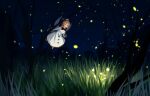  1girl :o black_bow black_bowtie black_ribbon black_shoes blonde_hair blunt_bangs blush_stickers bow bowtie curly_hair dress dress_bow dress_ribbon fairy fairy_wings fireflies flying frilled_dress frills furahata_gen grass highres long_sleeves luna_child night night_sky ribbon shoes short_hair sky solo star_(sky) touhou tree white_dress wings yellow_eyes 