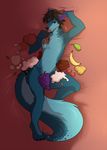  2017 anthro banana black_hair black_nose blue_eyes cake canine convenient_censorship digital_media_(artwork) food fruit grapes hair male mammal nude solo uni wolf 