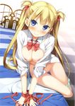  absurdres alice_third_macy arm_support ass_visible_through_thighs bdsm blonde_hair blue_eyes blush bondage bound bound_wrists bow bowtie breast_squeeze breasts breasts_outside checkered checkered_floor cropped dress_shirt green_panties hair_ribbon highres kantoku koi_suru_kanojo_no_bukiyou_na_butai large_breasts long_hair nipples no_pants on_bed open_clothes open_shirt panties panties_around_one_leg ribbon scan shirt sitting smile solo two_side_up underwear very_long_hair wrist_ribbon 