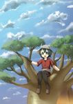  :d bangs black_eyes black_gloves black_hair black_legwear blue_sky brown_footwear cloud cloudy_sky collarbone dangorou_(yushi-art) day eyebrows eyebrows_visible_through_hair feathers gloves hair_between_eyes hat hat_feather helmet in_tree kaban_(kemono_friends) kemono_friends knees_together_feet_apart loafers no_nose official_style open_mouth outdoors pantyhose pantyhose_under_shorts pith_helmet red_shirt shirt shoes short_hair short_sleeves shorts silver_hat silver_shorts sitting sitting_in_tree sky smile solo tareme tatsuki_(irodori)_(style) teeth tongue tree v-neck 