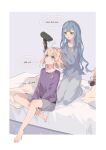  2girls absurdres ampheta bang_dream! bang_dream!_it's_mygo!!!!! barefoot blon blue_hair blue_pants blue_shirt character_doll chinese_commentary closed_mouth commentary_request doll drying drying_another's_hair drying_hair grey_shorts hair_dryer highres holding holding_hair_dryer long_hair medium_hair misumi_uika multiple_girls no_shoes open_mouth pants pillow purple_eyes purple_shirt shirt shorts sidelocks socks togawa_sakiko white_socks yellow_eyes 