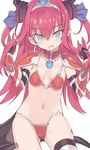  :d armor ass_visible_through_thighs bangs bikini bikini_armor black_gloves black_legwear blade_(galaxist) blue_eyes blue_ribbon blush breasts choker commentary_request cowboy_shot curled_horns dragon_horns dragon_tail earrings elbow_gloves elizabeth_bathory_(brave)_(fate) elizabeth_bathory_(fate)_(all) eyebrows_visible_through_hair fang fate/grand_order fate_(series) gloves hair_between_eyes hair_ribbon hands_up head_tilt holding holding_hair horns jewelry long_hair looking_at_viewer navel open_mouth oversized_clothes pauldrons pink_hair pointy_ears red_armor red_bikini red_choker ribbon silver_trim simple_background small_breasts smile solo string_bikini swimsuit tail thighhighs tiara two_side_up v-shaped_eyebrows vambraces very_long_hair white_background 