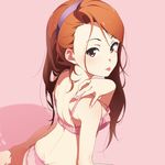  :p back bare_shoulders blush bra brown_eyes brown_hair closed_mouth commentary_request eyebrows_visible_through_hair fingernails from_behind fukushi_ryouhei hairband highres idolmaster idolmaster_(classic) long_hair looking_at_viewer looking_back minase_iori nail_polish panties pink_background pink_bra pink_nails pink_panties simple_background sitting solo tongue tongue_out underwear underwear_only 
