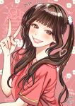  1girl animification blunt_bangs blush brown_eyes brown_hair commentary_request dated floral_background grin hair_intakes highres kan_kanna link!_like!_love_live! long_hair looking_at_viewer love_live! meiji_(mosamoo3) pink_background real_life red_shirt shirt short_sleeves signature smile solo translation_request twintails upper_body v voice_actor 