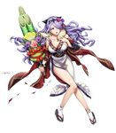  bangs bare_shoulders breasts camilla_(fire_emblem_if) cleavage collarbone fire_emblem fire_emblem_heroes fire_emblem_if flower full_body hair_flower hair_ornament hair_over_one_eye highres holding japanese_clothes kimono large_breasts long_hair looking_away mikurou_(nayuta) nail_polish obi off_shoulder official_art open_mouth purple_eyes purple_hair sandals sash scar solo transparent_background 