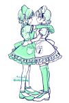  2girls apron asakura_toru commentary_request dress elbow_gloves from_side gloves green_dress green_gloves green_thighhighs hair_bun hair_ornament hair_ribbon hairclip hand_on_another's_shoulder hands_on_another's_hips hat highres higuchi_madoka idolmaster idolmaster_shiny_colors limited_palette looking_at_another monochrome multiple_girls nurse nurse_cap pantyhose ribbon s0h7i1m9e short_dress thighhighs white_background white_dress white_gloves white_pantyhose 