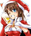  alcohol beer beer_mug blue_eyes breasts brown_hair cape cleavage cup dated dress elbow_gloves eyebrows_visible_through_hair gloves grin hair_ornament hat heart highres holding holding_cup long_hair looking_at_viewer lyrical_nanoha medium_breasts one_eye_closed red_cape red_dress red_gloves red_hat san-pon santa_costume santa_hat smile solo star strapless strapless_dress twitter_username upper_body vivid_strike! x_hair_ornament yagami_hayate 