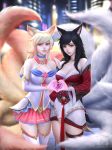  1girl ahri alternate_hair_color animal_ears black_hair blonde_hair blue_eyes dual_persona facial_mark fox_ears fox_girl fox_tail gohpot heart heart_hands league_of_legends lips long_hair multiple_tails nail_polish parted_lips red_nails solo tail whisker_markings yellow_eyes 