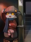  anthro cat censored clothing cub exhibitionism feline hat male mammal navel penis phone scarf selfie smile solo stairs uncut underwear yatosuke yellow_eyes young 