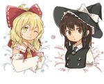  :o ;) blonde_hair blouse bow braid breasts brown_eyes brown_hair buttons collared_shirt cosplay costume_switch detached_sleeves frilled_shirt_collar frills hair_bow hair_ribbon hair_tubes hakurei_reimu half_updo hat kirisame_marisa large_bow long_sleeves looking_at_viewer medium_hair messy_hair mini_necktie multiple_girls necktie one_eye_closed ovo puffy_short_sleeves puffy_sleeves ribbon ribbon-trimmed_sleeves ribbon_trim shirt short_sleeves side_braid single_braid small_breasts smile star straight_hair touhou vest wavy_hair wide_sleeves witch_hat yellow_eyes yin_yang 