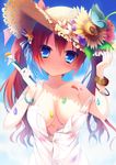  amamine bangs bare_shoulders blue_eyes blue_sky blush bracelet breasts cleavage closed_mouth cloud collarbone comiket_88 commentary_request day dress eyebrows_visible_through_hair flower hair_between_eyes hat hat_flower head_tilt hibiscus holding holding_paintbrush jewelry large_breasts long_hair looking_at_viewer open_clothes open_dress original outdoors paint paint_on_body paintbrush red_hair sky sleeveless sleeveless_dress smile solo straw_hat sunflower twintails upper_body very_long_hair white_dress 