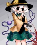  1girl :d black_eyes black_hat blood blood_on_clothes blood_spray blush bow buttons collared_shirt diamond_button floral_print frilled_shirt_collar frilled_sleeves frills green_skirt grey_background grey_hair gun hand_up handgun hat hat_bow heart heart_of_string heripantomorrow holding holding_gun holding_weapon komeiji_koishi looking_at_viewer medium_hair rose_print shirt skirt smile solo third_eye touhou translation_request weapon yellow_bow yellow_shirt 
