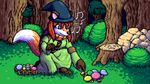  anthro blckflyn canine clothed clothing digital_media_(artwork) dipstick_tail flygon_(artist) forest fox magic_user mammal multicolored_tail mushroom musical_note pixel_(artwork) pointed_hat red_fox tree witch 