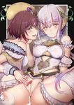  2girls :d anus atelier_(series) atelier_sophie bangs bare_shoulders black_border blush border breasts breath brown_background brown_eyes brown_hair brown_hat covered_navel covered_nipples cum cum_in_pussy cum_on_hair cumdrip detached_sleeves dress eyebrows_visible_through_hair flask garters gradient_hair green_eyes hair_between_eyes hand_up hat headgear highres jay87k looking_at_viewer medium_breasts multicolored_hair multiple_girls off-shoulder_dress off_shoulder open_mouth outside_border plachta plant profile purple_hair pussy round-bottom_flask shiny shiny_hair shiny_skin short_hair sideways_glance silver_hair sitting small_breasts smile sophie_neuenmuller spread_legs spread_pussy thighhighs underbust vines white_dress white_legwear wrist_cuffs 