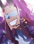  2boys bandages bandages_over_eyes brown_shorts cape clenched_teeth commentary d_e_r_e_l facial_hair fake_horns fur_cape giant grin helmet highres horned_helmet horns loki_(one_piece) long_hair male_focus monkey_d._luffy multiple_boys official_alternate_costume one_piece open_mouth purple_hair red_cape shorts size_difference smile snowing symbol-only_commentary teeth upper_body watermark 