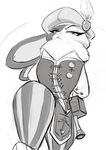  anthro armello clothing dewlap elyssia_(armello) eyelashes female fluffy frown greyscale hammer joelasko lagomorph looking_at_viewer low-angle_view mammal monochrome rabbit raised_eyebrow tools 