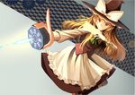  blonde_hair braid clere fang grin hat kirisame_marisa long_hair looking_at_viewer mini-hakkero neckerchief pointing_weapon skirt smile solo spell_card touhou vest witch_hat yellow_eyes 