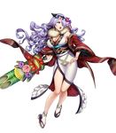  bangs breasts camilla_(fire_emblem_if) cleavage fire_emblem fire_emblem_heroes fire_emblem_if flower full_body hair_flower hair_ornament hair_over_one_eye highres holding japanese_clothes kimono large_breasts long_hair looking_away mikurou_(nayuta) nail_polish obi off_shoulder official_art open_mouth purple_eyes purple_hair sandals sash solo tabi transparent_background 
