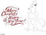  2017 anthro black_and_white breasts cervine digital_media_(artwork) english_text featureless_breasts female fur hi_res looking_at_viewer mammal monochrome navel nude reindeer signature simple_background solo text white_background wulfondraws 
