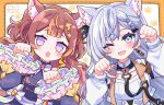  2girls :o animal_ears anya_melfissa anya_melfissa_(1st_costume) blue_eyes brown_hair cat_ears earrings frilled_sleeves frills grey_hair highres hololive hololive_indonesia jacket jewelry maruyama_en multiple_girls one_eye_closed paw_pose paw_print paw_print_background purple_eyes single_earring twitter_username two_side_up vestia_zeta vestia_zeta_(1st_costume) virtual_youtuber white_jacket 