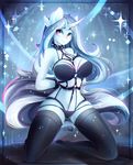 &lt;3 anthro bikini breasts clothed clothing collar equine female fur grey_fur grey_hair hair harness horn inside kneeling koveliana legwear looking_at_viewer mammal panties partially_clothed red_eyes solo sparkles spiked_collar spikes swimsuit thigh_highs underwear unicorn 