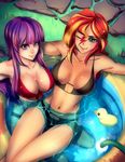  bakki bikini black_bikini blonde_hair blush breasts cleavage green_eyes hair_between_eyes large_breasts long_hair looking_at_viewer multicolored_hair multiple_girls my_little_pony my_little_pony_friendship_is_magic one_eye_closed personification purple_eyes purple_hair red_bikini red_hair rubber_duck sitting sitting_on_lap sitting_on_person smile sunset_shimmer swimsuit twilight_sparkle two-tone_hair wading_pool wet wide_hips 