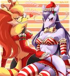  2017 2girls animal_ears antennae artist_name bare_shoulders bespectacled black-framed_eyewear bow bow_bra bra braixen breasts choker christmas cleavage dated detached_sleeves embarrassed english fake_antennae female fox_ears fox_tail frilled_skirt frills from_behind furry glasses hand_up hat headband heart long_hair looking_at_viewer looking_away looking_back looking_to_the_side medium_breasts merry_christmas midriff mienshao multiple_girls no_humans orange_background orange_eyes panties pantyshot pantyshot_(sitting) pokemon pokemon_(creature) pokemon_bw pokemon_xy purple_hair red_bra red_eyes red_hat red_legwear red_panties santa_hat signature simple_background sitting skirt skykain smile striped_bra striped_neckwear sweat tail text thighhighs tubetop two-tone_background underwear upskirt whiskers yellow_background yellow_bow 