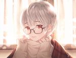  backlighting bad_id bad_pixiv_id bangs black-framed_eyewear blunt_bangs blurry blush brown_sweater closed_mouth curtains depth_of_field earrings eyebrows eyebrows_visible_through_hair glasses gomzi indoors jewelry long_sleeves looking_at_viewer original red_eyes shawl shiny shiny_hair short_hair signature silver_hair sleeves_past_wrists solo stud_earrings sweater turtleneck turtleneck_sweater upper_body 