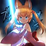  :3 animal_ear_fluff animal_ears blue_eyes breasts commentary detached_sleeves energy_sword food food_request fox_ears guchico hair_ornament hairclip kemomimi_oukoku_kokuei_housou lightsaber long_hair looking_at_viewer mikoko_(kemomimi_oukoku_kokuei_housou) orange_hair pocky small_breasts solo star_wars sword twintails virtual_youtuber weapon wide_sleeves 