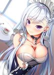  azur_lane bangs belfast_(azur_lane) blush braid breast_hold breasts bust_cup chain cleavage closed_mouth collar collarbone corset cup dutch_angle french_braid frills indoors large_breasts long_hair looking_at_viewer maid maid_headdress pink_lips purple_eyes seductive_smile silver_hair smile solo swept_bangs table tea teacup vambraces very_long_hair window zuizhong 