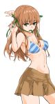  1girl adjusting_hair armpits azusagawa_tsukino bare_shoulders blue_bra blush bra breasts brown_hair brown_skirt cleavage green_eyes hair_ribbon hassystants highres long_hair looking_at_viewer medium_breasts mouth_hold navel ribbon simple_background skirt solo standing striped striped_bra tongue tongue_out two_side_up underwear white_background yakitate!!_japan 