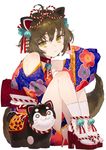  animal_ears blue_kimono brown_hair cat cat_ears commentary_request eyebrows_visible_through_hair floral_print hair_ornament high_heels highres japanese_clothes kimono looking_at_viewer noco_(adamas) obi original sash short_hair simple_background solo white_background wide_sleeves yellow_eyes 
