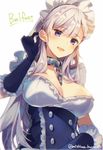  :d adjusting_hair azur_lane bangs belfast_(azur_lane) black_gloves blush braid breasts buttons chain character_name cleavage collar commentary_request dress eyebrows_visible_through_hair french_braid frilled_dress frills from_below gloves large_breasts long_hair looking_at_viewer maid maid_headdress mishima_kurone open_mouth purple_eyes signature silver_hair smile solo twitter_username upper_body 