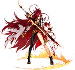  artist_request asymmetrical_clothes belt black_footwear black_neckwear braid choker closed_mouth elesis_(elsword) elsword flame_lord_(elsword) full_body gloves hair_over_one_eye holding holding_sword holding_weapon long_hair looking_to_the_side official_art red_eyes red_hair shoes single_pantsleg skin_tight smile solo standing sword tattoo transparent_background weapon white_coat 