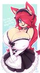  2017 anthro big_breasts blue_eyes breasts cat cleavage clothed clothing dialogue english_text fangs feline female hair hair_over_eye hi_res long_hair looking_at_viewer maid_uniform mammal open_mouth red_hair secretly_saucy solo text uniform 