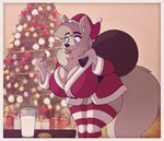  2017 absurd_res anthro big_breasts blue_eyes breasts canine christmas clothed clothing cookie female food fur grey_fur hi_res holidays huge_breasts legwear mammal mature_female milk mother parent robin_(stunnerpony) solo stockings stunnerpony thick_thighs thigh_highs underwear voluptuous wide_hips wolf 