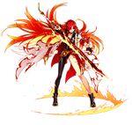  :d artist_request asymmetrical_clothes belt black_footwear black_neckwear choker elesis_(elsword) elsword flame_lord_(elsword) full_body gloves hair_over_one_eye highres holding holding_sword holding_weapon long_hair looking_to_the_side official_art open_mouth red_eyes red_hair shoes single_pantsleg skin_tight smile solo standing sword tattoo transparent_background weapon white_coat 