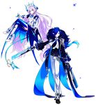  1girl belt black_footwear black_shirt blue_eyes blue_hair blue_legwear blue_skirt boots chevalier_(elsword) ciel_(elsword) closed_mouth dual_wielding elbow_gloves elsword floating full_body gloves gun holding holding_gun holding_weapon horns hwansang ishtar_(elsword) knee_boots long_hair looking_at_viewer luciela_r._sourcream official_art pants pointy_ears shirt shoes silver_hair single_pauldron skirt smile standing thighhighs transparent_background weapon white_footwear white_gloves white_neckwear white_pants zettai_ryouiki 