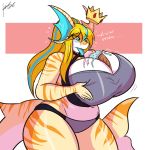  2018 5_fingers anthro beige_skin big_breasts bikini biped black_eyebrows blonde_hair blue_eyes blue_hair blue_tongue breasts clothing crown dessert dialogue digital_media_(artwork) english_text eyebrows female fin fish food hair hi_res huge_breasts ice_cream jaywnk23 long_ears long_hair long_tail marine multicolored_hair multicolored_skin multicolored_tail orange_stripes ponytail portrait sasha_sweets shark simple_background solo striped_ears striped_skin striped_tail stripes swimsuit tail_fin tan_ears text thick_tail three-quarter_portrait tiger_shark two_tone_ears two_tone_hair two_tone_skin white_background 