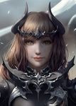  armor artist_name bangs brown_eyes brown_hair chuby_mi closed_mouth commentary eyelashes final_fantasy final_fantasy_xiv highres lips long_hair looking_at_viewer nose realistic solo watermark 