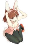  adjusting_headwear animal_ears armpits arms_up bangs bare_arms bare_shoulders black_legwear blush breasts brown_hair bunny_day bunny_ears bunny_tail bunnysuit cleavage commentary covered_navel fake_animal_ears from_above hairband high_heels kawai_makoto large_breasts legs_together leotard long_hair looking_at_viewer looking_up open_mouth original pantyhose pink_hairband pink_leotard ponytail shoe_dangle simple_background sitting solo tail thigh_gap white_background yellow_eyes yokozuwari 