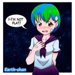  artist_request bandaid blush brown_eyes earth-chan english hair_ornament hairpin hand_on_own_chest multicolored_hair original personification school_uniform short_hair solo space star starry_background wavy_mouth 